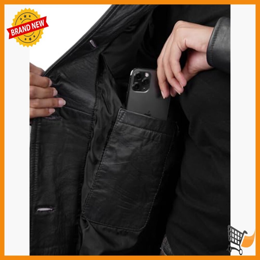 Real Lambskin Leather Trench Coat with Thumbholes and Phone Pocket - Picture 3 of 7
